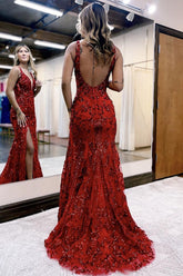Mermaid Dark Red Prom Dress Long Formal Dress With Slit